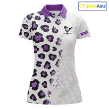 Load image into Gallery viewer, White polo shirt with purple and black leopard pattern on a white background