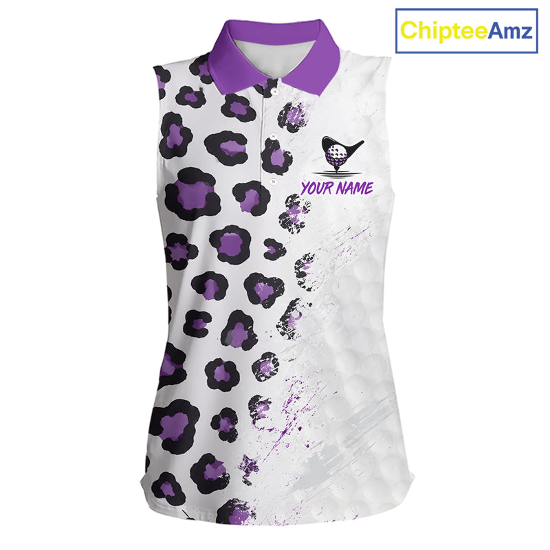 White sleeveless shirt with purple and black leopard print