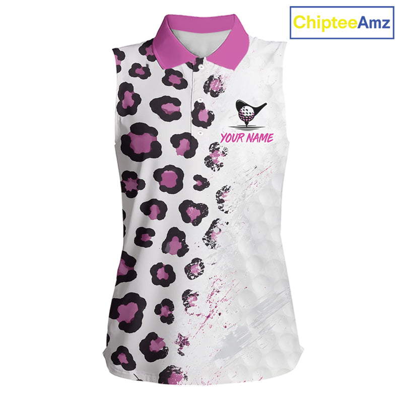 White sleeveless polo shirt with pink and black leopard print 