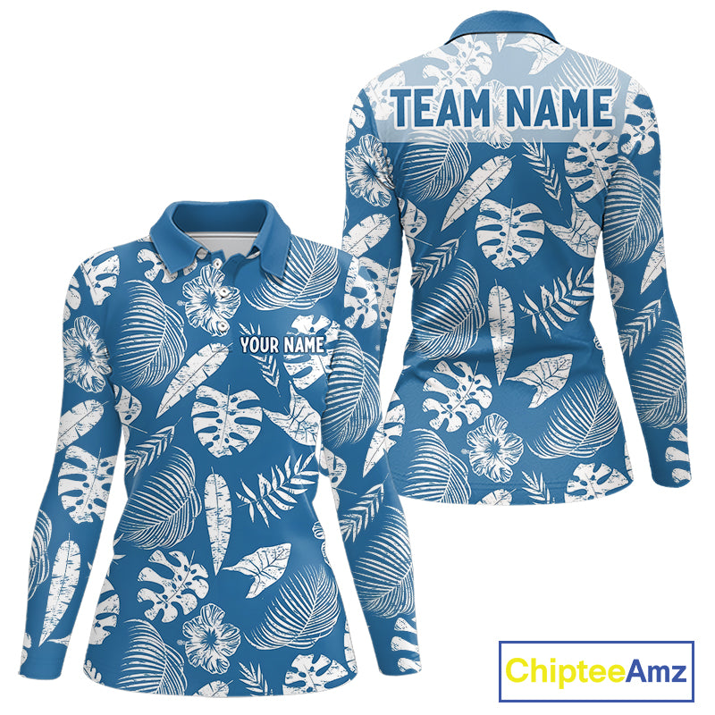 Blue and white tropical patterned long sleeve golf polo shirt with customizable text on a white background