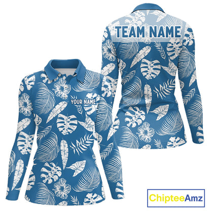 Blue and white tropical patterned long sleeve golf polo shirt with customizable text on a white background