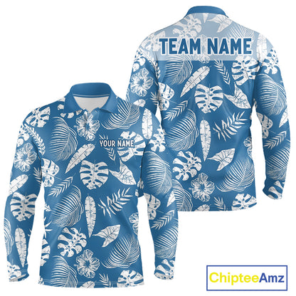 Blue and white tropical patterned shirt with customizable text
