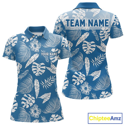 Blue golf polo shirt with white leaf pattern and customizable text on a white background
