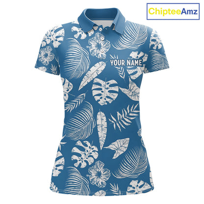 Blue golf polo shirt with white leaf pattern and 'Your Name' text on a white background