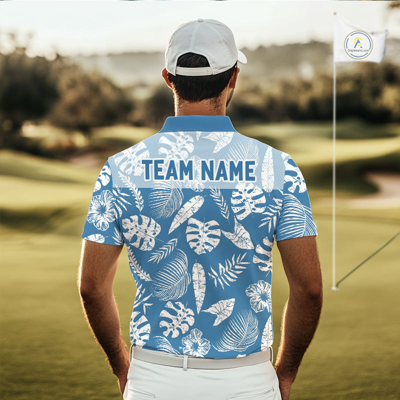 Person wearing a blue and white patterned shirt with 'TEAM NAME' text on a golf course.