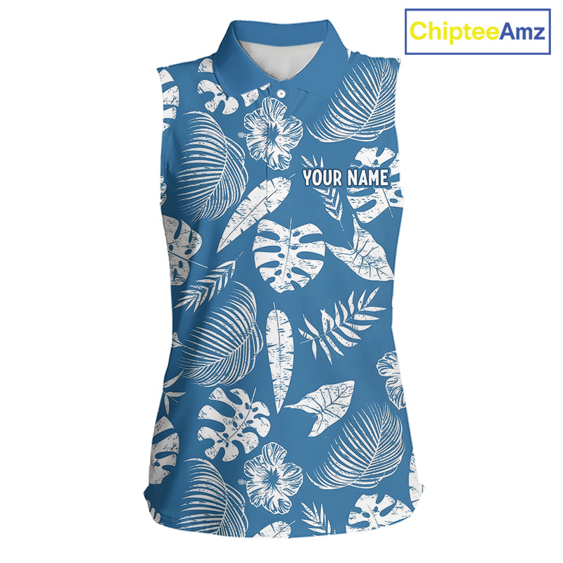 Blue sleeveless shirt with white leaf pattern and 'Your Name' text on a white background
