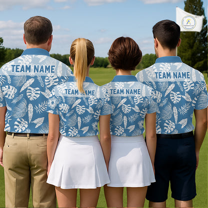 Four people wearing matching blue shirts with a team name on a golf course.