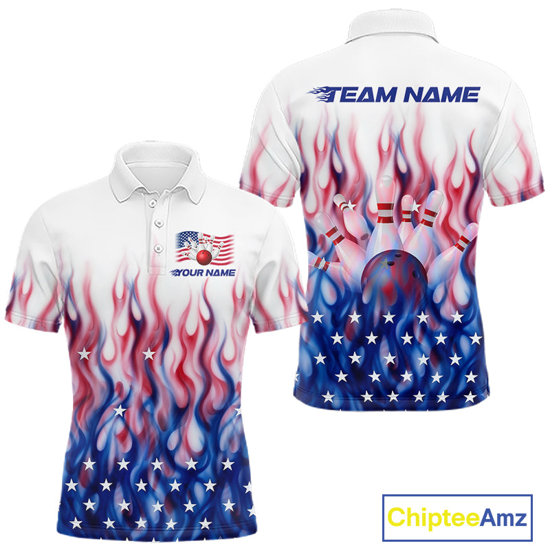 Fire American Flag Custom Patriotic Bowling Shirts For Men, Flame US Bowling League Shirt NBT934