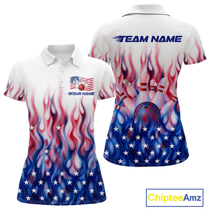 Fire American Flag Custom Patriotic Bowling Shirts For Women, Flame US Bowling League Shirt NBT934