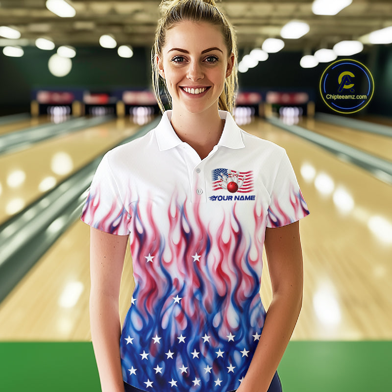 Fire American Flag Custom Patriotic Bowling Shirts For Women, Flame US Bowling League Shirt NBT934
