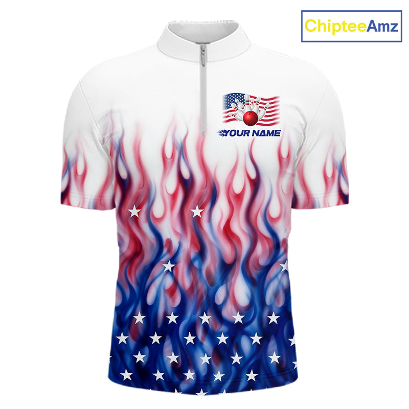 Fire American Flag Custom Patriotic Bowling Shirts For Men, Flame US Bowling League Shirt NBT934