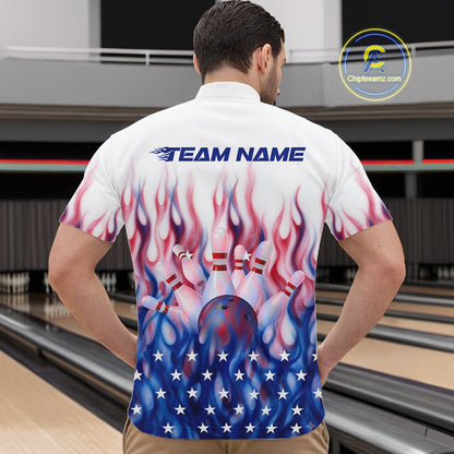 Fire American Flag Custom Patriotic Bowling Shirts For Men, Flame US Bowling League Shirt NBT934