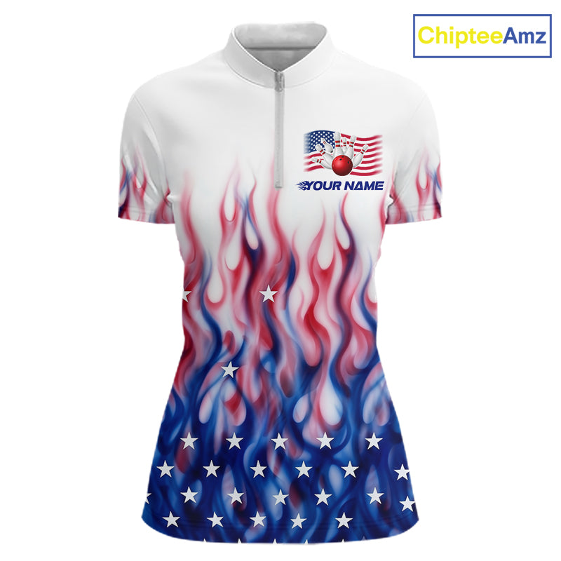 Fire American Flag Custom Patriotic Bowling Shirts For Women, Flame US Bowling League Shirt NBT934