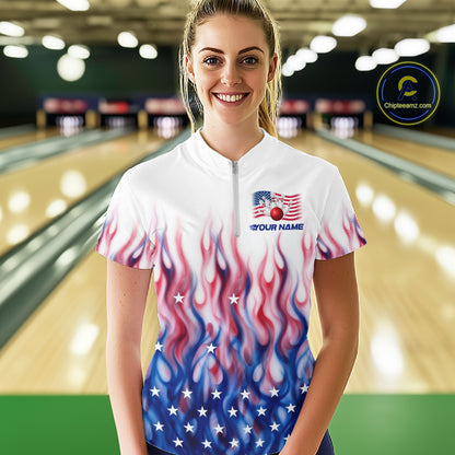Fire American Flag Custom Patriotic Bowling Shirts For Women, Flame US Bowling League Shirt NBT934