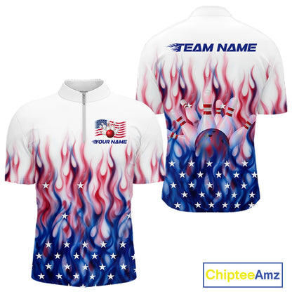 Fire American Flag Custom Patriotic Bowling Shirts For Men, Flame US Bowling League Shirt NBT934