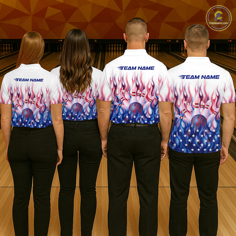Fire American Flag Custom Patriotic Bowling Shirts For Women, Flame US Bowling League Shirt NBT934