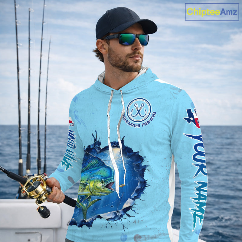 Custom Mahi Mahi Fishing Long Sleeve Hooded Tournament Shirts, Mahi Mahi Saltwater Fishing Apparel | Blue NBT687