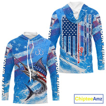 Load image into Gallery viewer, American flag marlin hooded fishing shirt front and back view