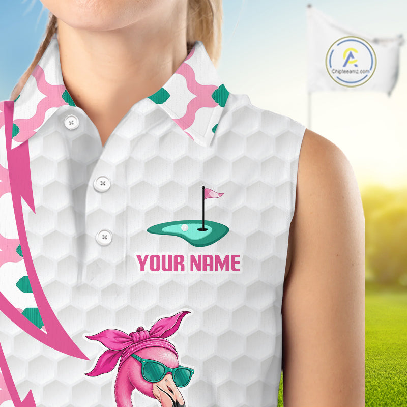 Funny Flamingo Pink Pattern Womens Sleeveless Golf Polo Shirt Golf Outfit Custom Name, Flamingo Golf Shirts NBT779