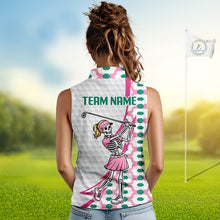 Load image into Gallery viewer, White sleeveless golf polo shirt for women with skeleton golfer print on back