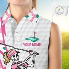Load image into Gallery viewer, Funny Skeleton Pink Pattern Womens Sleeveless Golf Polo Shirt Golf Outfit Custom Name, Funny Golf Shirts NBT782