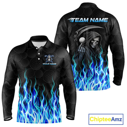 Front and back view of custom Blue Flame Reaper long sleeve golf polo shirt