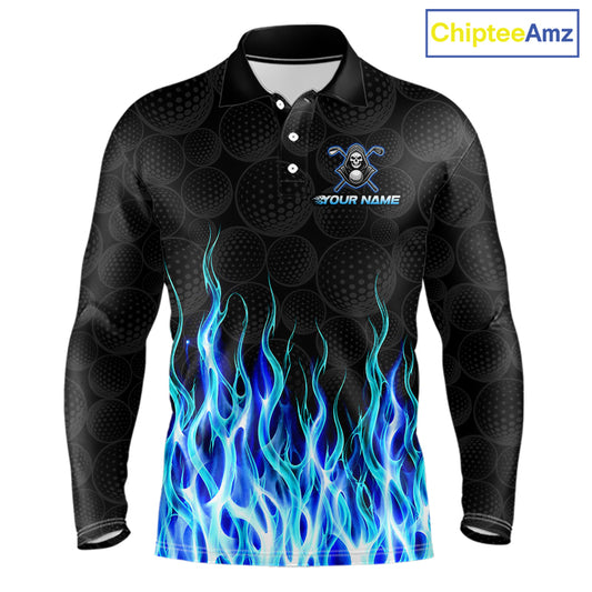 Front view of custom Blue Flame Reaper long sleeve golf polo shirt