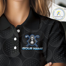 Load image into Gallery viewer, Custom Blue Flame Reaper Golf Ball Pattern Womens Golf Polo Shirts Black Golf Team Shirts, Golf Outfit NBT874