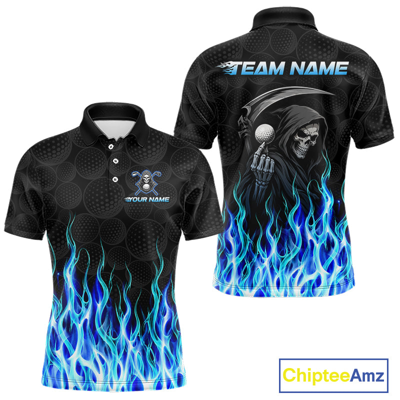 Front and back view of custom Blue Flame Reaper golf polo shirt with personalized name 