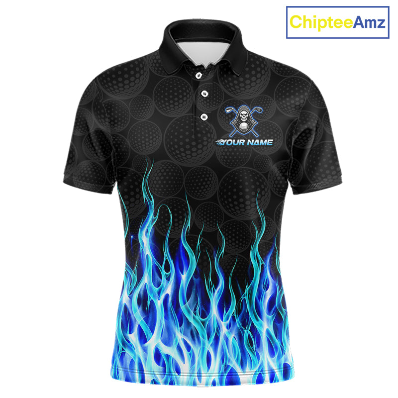 Front view of custom Blue Flame Reaper golf polo shirt with personalized name on the chest