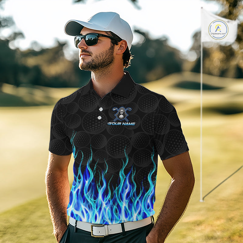 Golfer wearing custom Blue Flame Reaper golf polo shirt on the course