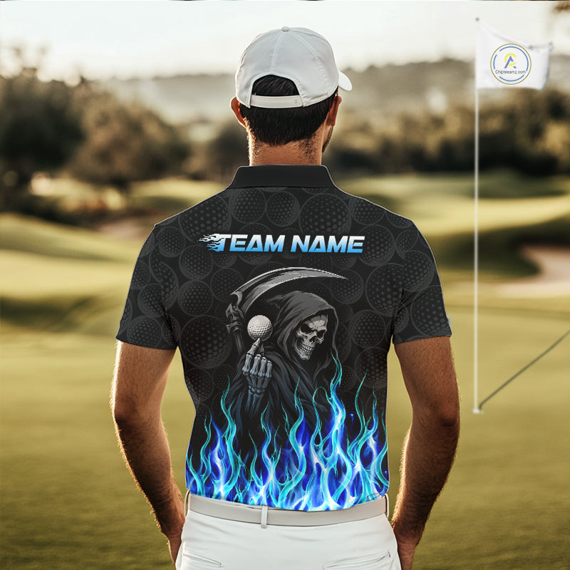 Golfer wearing custom Blue Flame Reaper golf polo shirt on the course