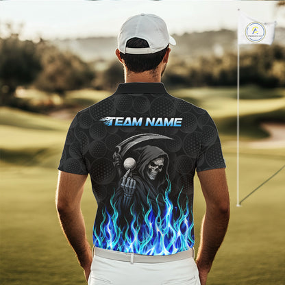 Golfer wearing custom Blue Flame Reaper golf polo shirt on the course