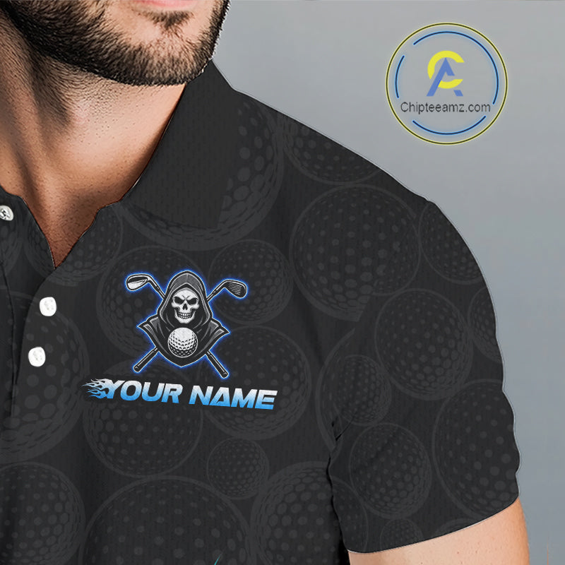 Close-up fabric of Blue Flame Reaper golf ball pattern mens golf polo shirt with personalized name on the chest
