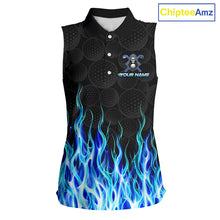 Load image into Gallery viewer, Custom Blue Flame Reaper Golf Ball Pattern Womens Sleeveless Golf Polo Shirts Black Golf Team Shirts, Golf Outfit NBT874