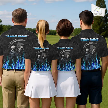 Four people wearing matching golf shirts with a grim reaper design on a golf course.