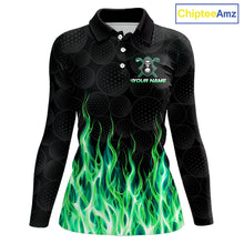 Load image into Gallery viewer, Custom Green Flame Reaper Golf Ball Pattern Womens Golf Polo Shirts Black Golf Team Shirts, Golf Outfit NBT875