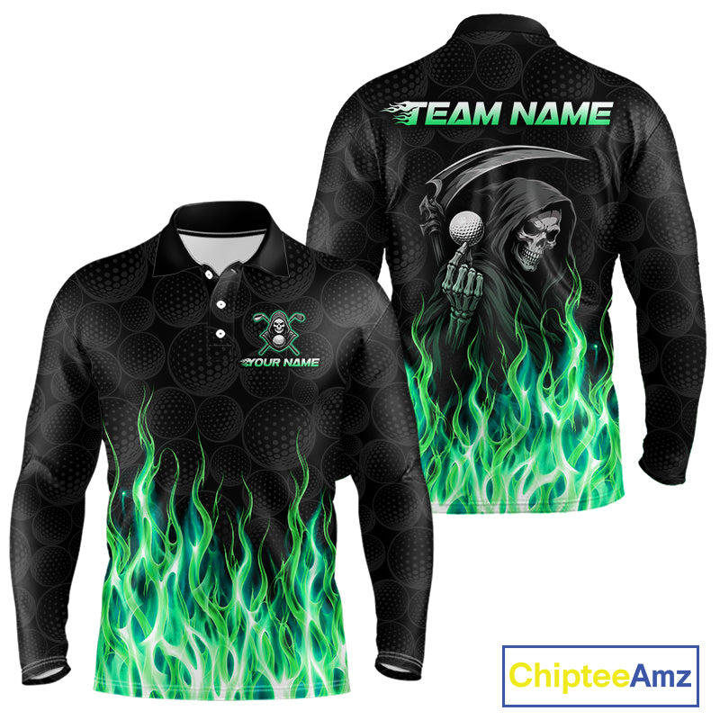 Custom Green Flame Reaper Golf Ball Pattern Mens Golf Polo Shirts Black Tournament Golf Team Shirts, Golf Outfit NBT875