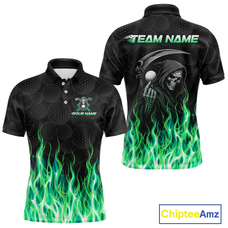 Front view of custom Green Flame Reaper golf polo shirt.