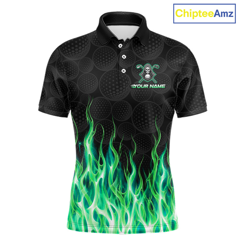 Front view of custom Green Flame Reaper golf polo shirt.