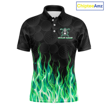 Front view of custom Green Flame Reaper golf polo shirt.
