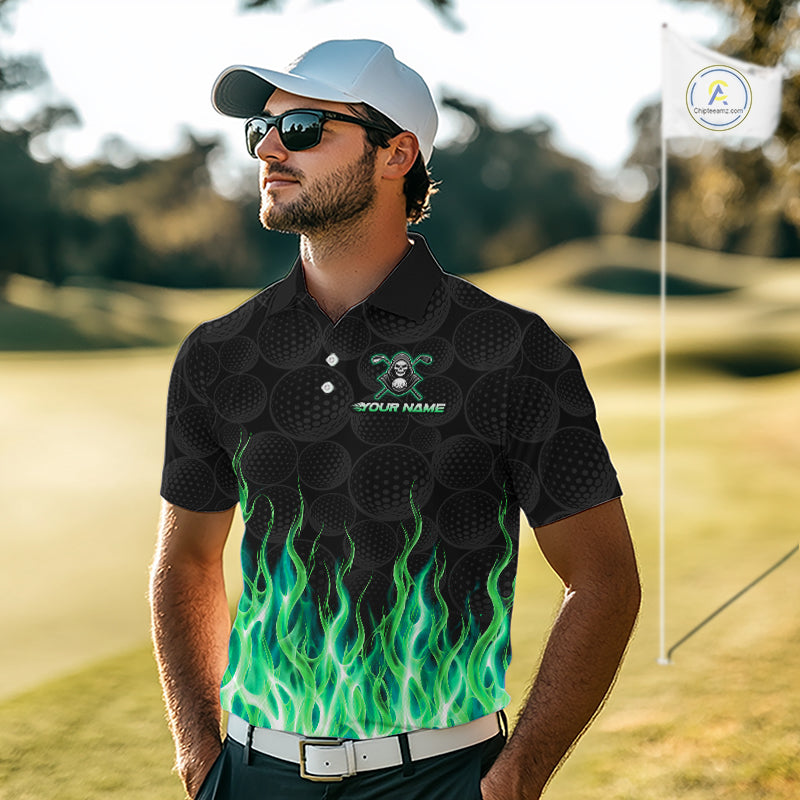 Golfer wearing custom Green Flame Reaper golf polo shirt on the course