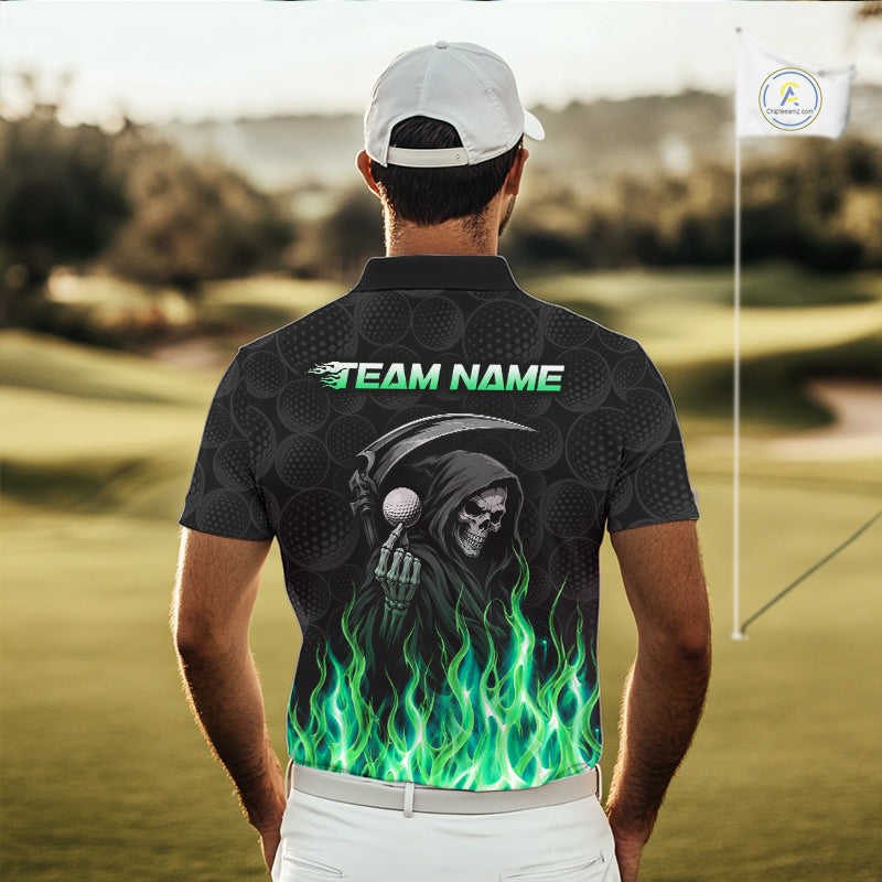 Golfer wearing custom Green Flame Reaper golf polo shirt on the course