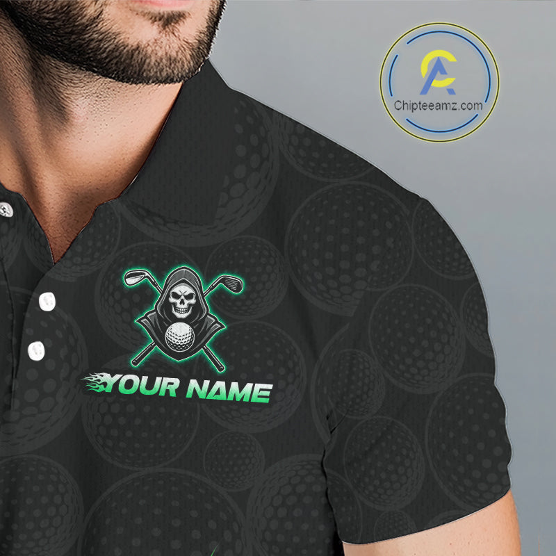 Close-up fabric of Green Flame Reaper golf polo shirt with personalized name on the chest