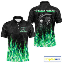 Load image into Gallery viewer, Front view of custom Green Flame Reaper golf polo shirt.