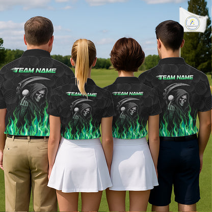 Mixed golf team wearing matching Green Flame Reaper custom name golf polo shirts