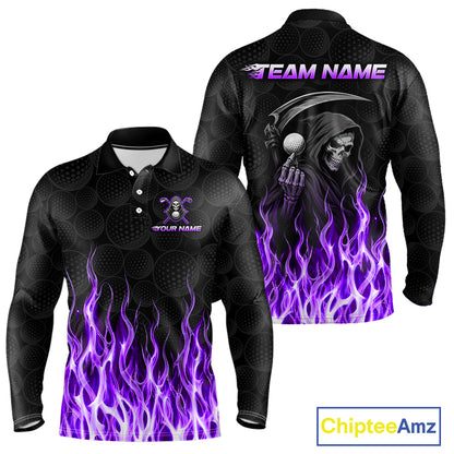 Front and back view of custom Purple Flame Reaper long sleeve golf polo shirt