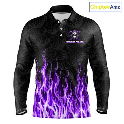 Front view of custom Purple Flame Reaper long sleeve golf polo shirt