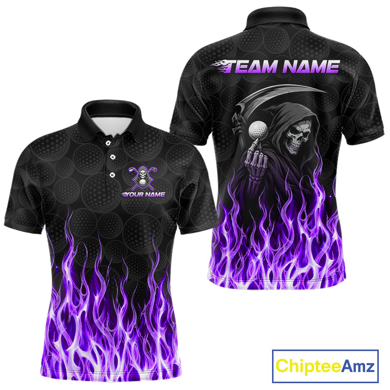 Front and back view of custom Purple Flame Reaper golf polo shirt with personalized name