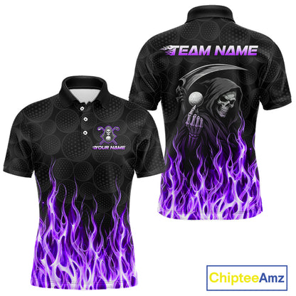 Front and back view of custom Purple Flame Reaper golf polo shirt with personalized name